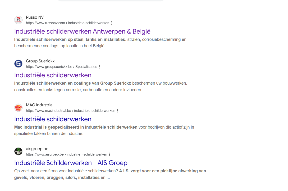 Google-resultaten voor 'industriële schilderwerken' in de regio Antwerpen: Russo NV op de eerste organische plaats, boven Group Suerickx, MAC Industrial en AIS Groep.
